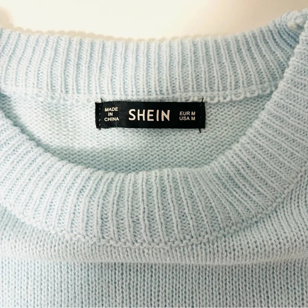 SHEIN Colorblock Sweater Baby Blue White Gray Drop Shoulder Medium Women’s
